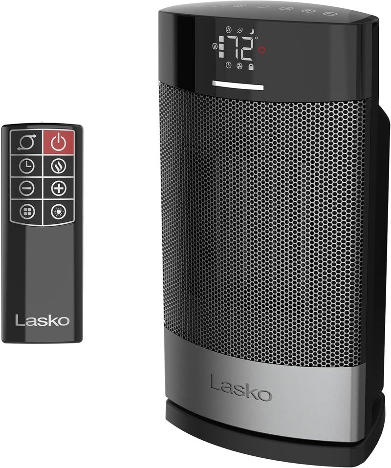 Lasko Ellipse Ceramic Tabletop Heater for Home with Tip-Over Switch, Child Lock, Digital Display, Thermostat, AutoECO Mode, Wide Oscillation, Remote, For Bedroom, Office, Den, 1500W, Black, CD12950 - Image 1